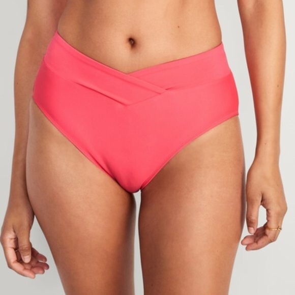 NWT Old Navy Cross-Front High-Waisted Bikini Swim Bottoms Coral Pink XS 0/2 - Picture 1 of 9